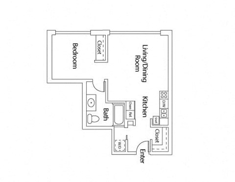 Floor plan for 1 bed, 1 bath, 660 sqft